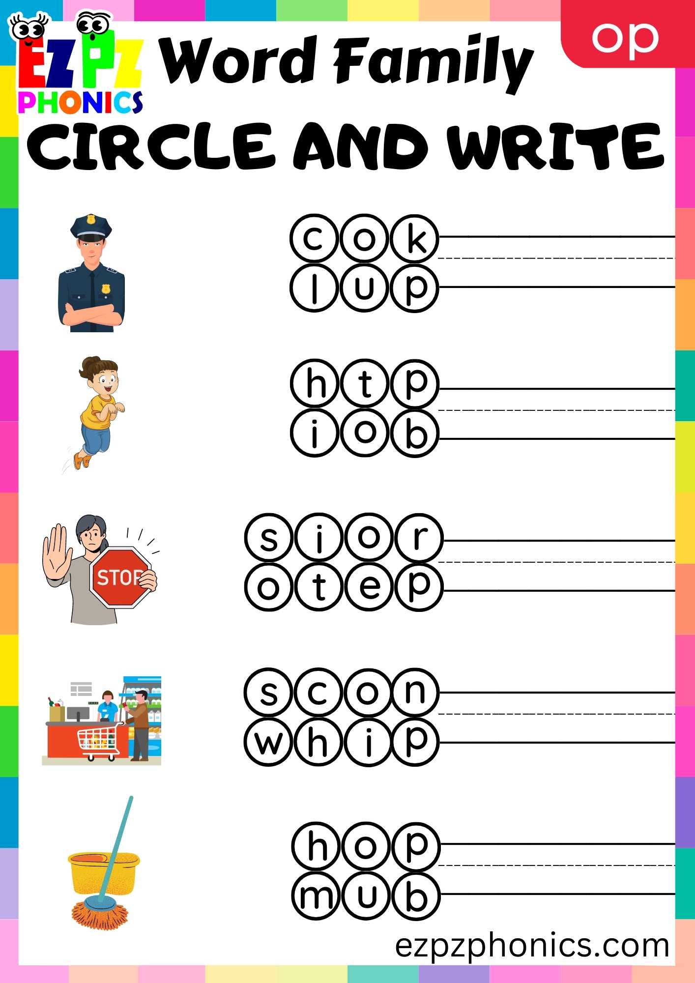OP Words Circle And Write Phonics Word Families Worksheet